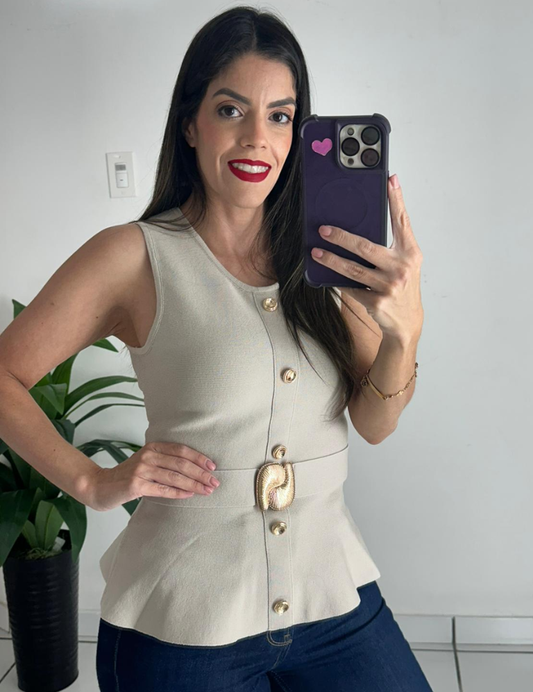 Beige Belted Blouse Top