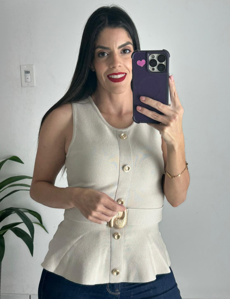 Beige Belted Blouse Top