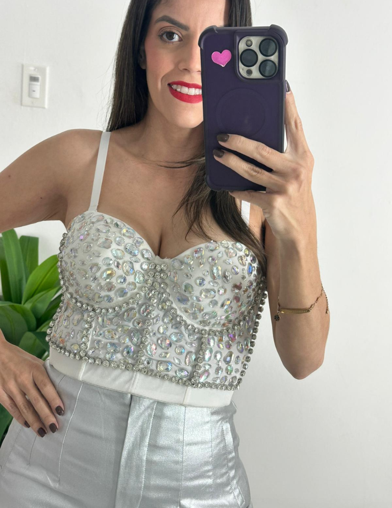 Rhinestone Pattern Bustier Top - White/Silver