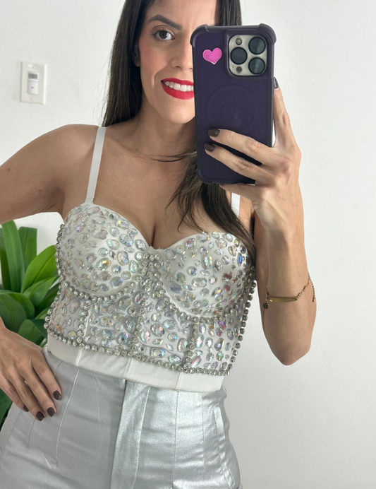 Rhinestone Pattern Bustier Top - White/Silver