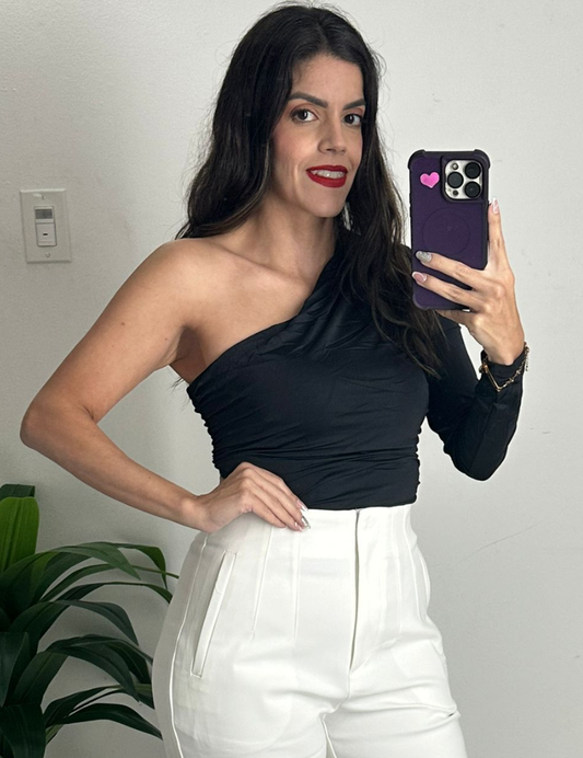 One shoulder long sleeve top- Black