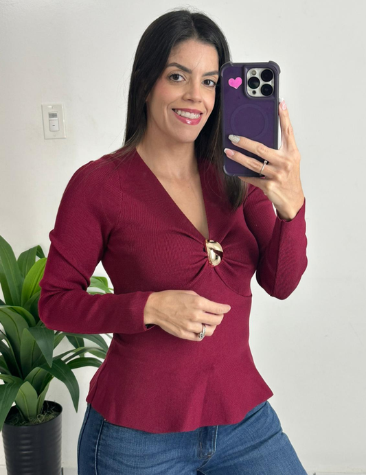 Peplum Long Sleeve Top - Burgundy