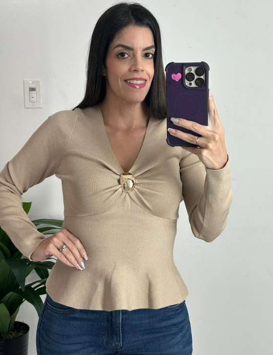 Peplum Long Sleeve Top - Beige