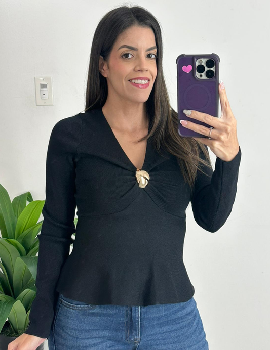 Peplum Long Sleeve Top - Black