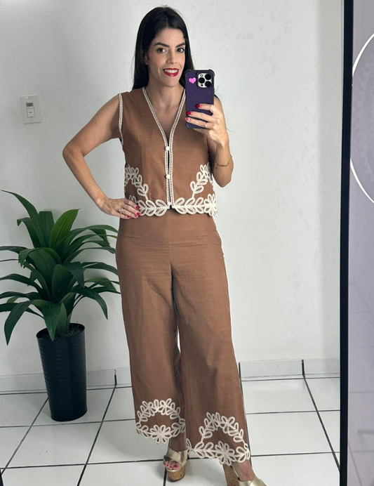 Embroidery Details Top & Pant Set - Choco