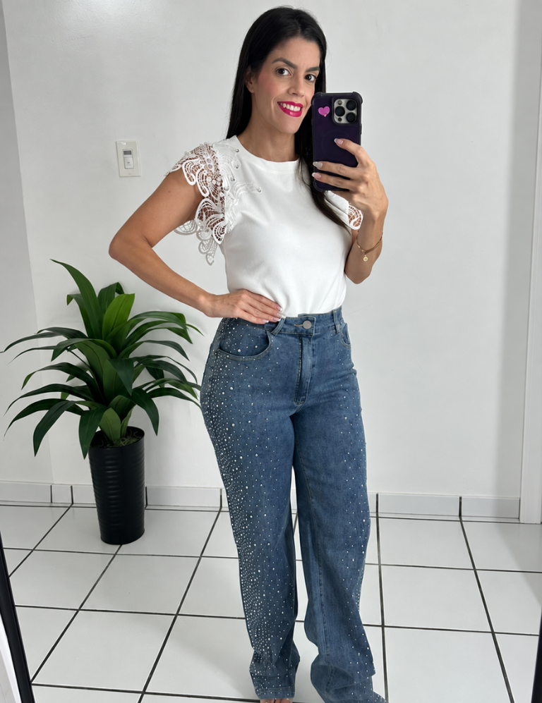 Rhinestones denim pants
