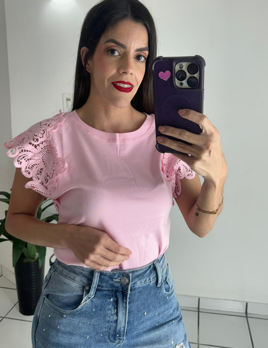 Laced sleeves pink top