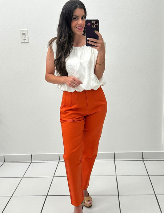 Zara-style high-waisted trousers soft terracotta