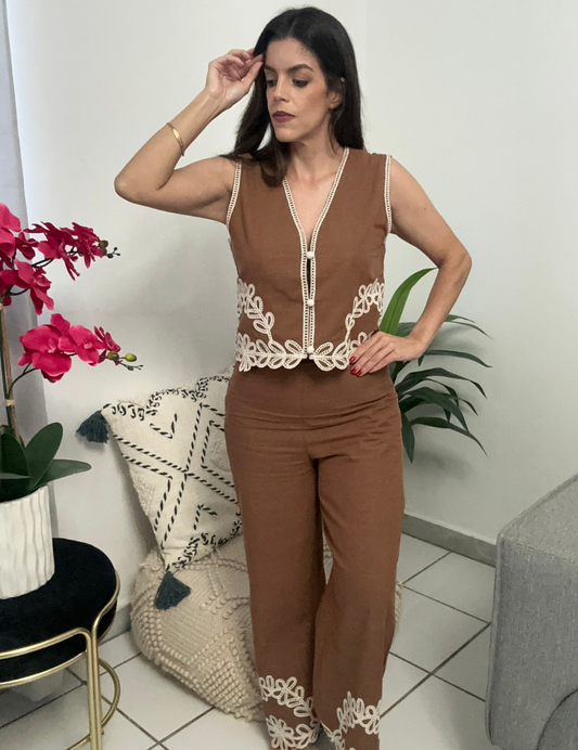 Embroidery Details Top & Pant Set - Choco