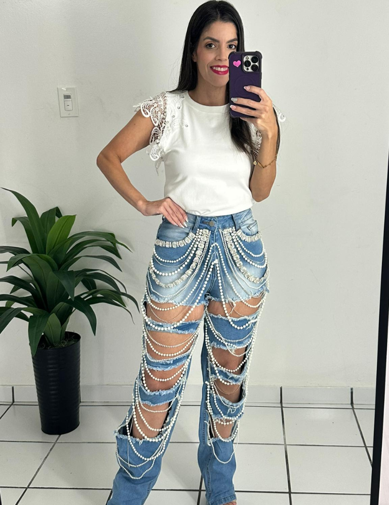 Pearls & Rhinestones Denim Jean