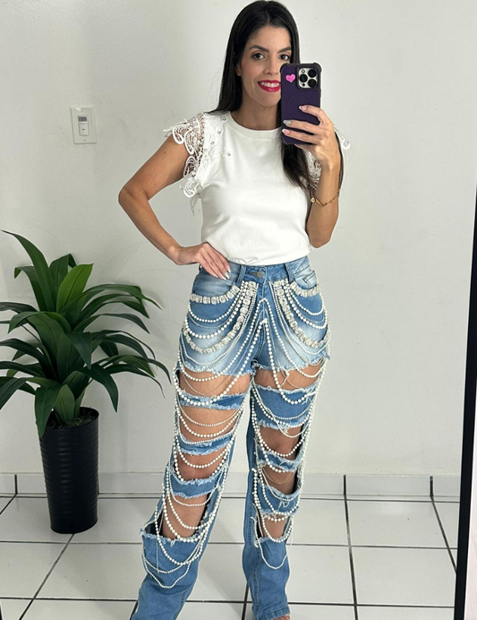 Pearls & Rhinestones Denim Jean