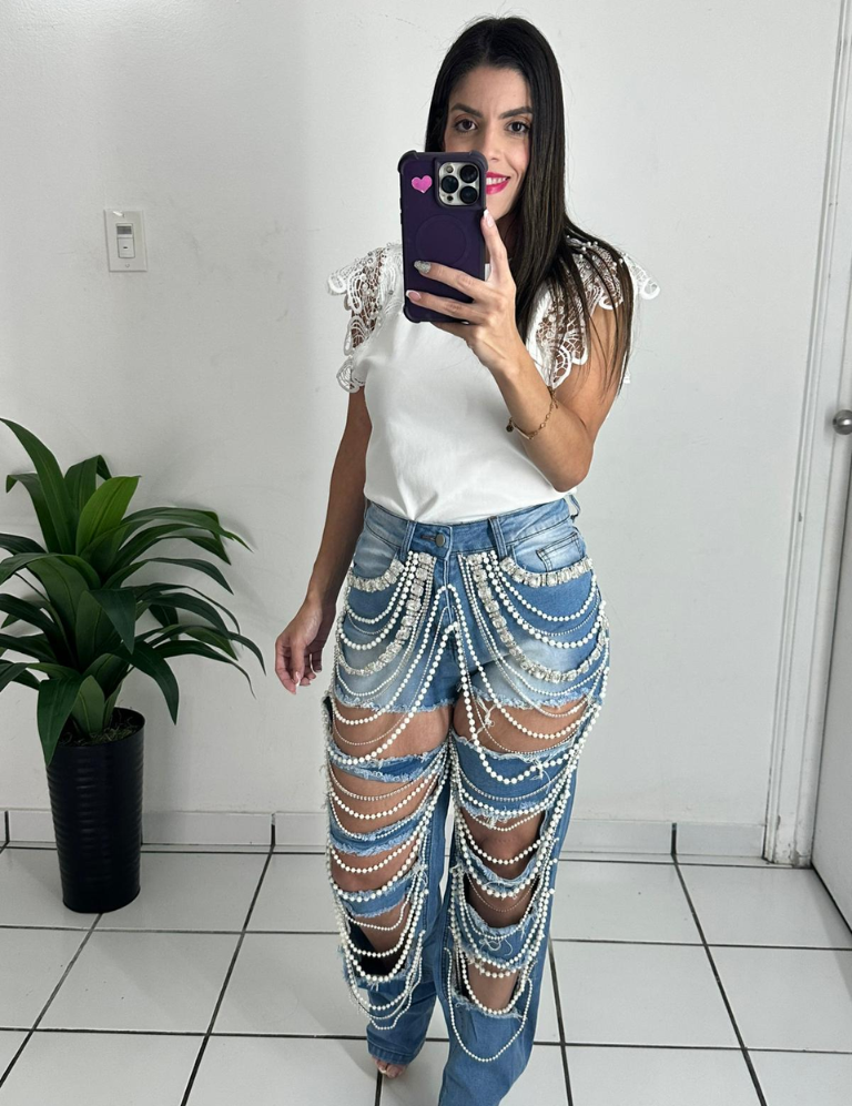 Pearls & Rhinestones Denim Jean