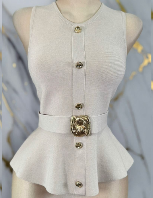 Beige Belted Blouse Top