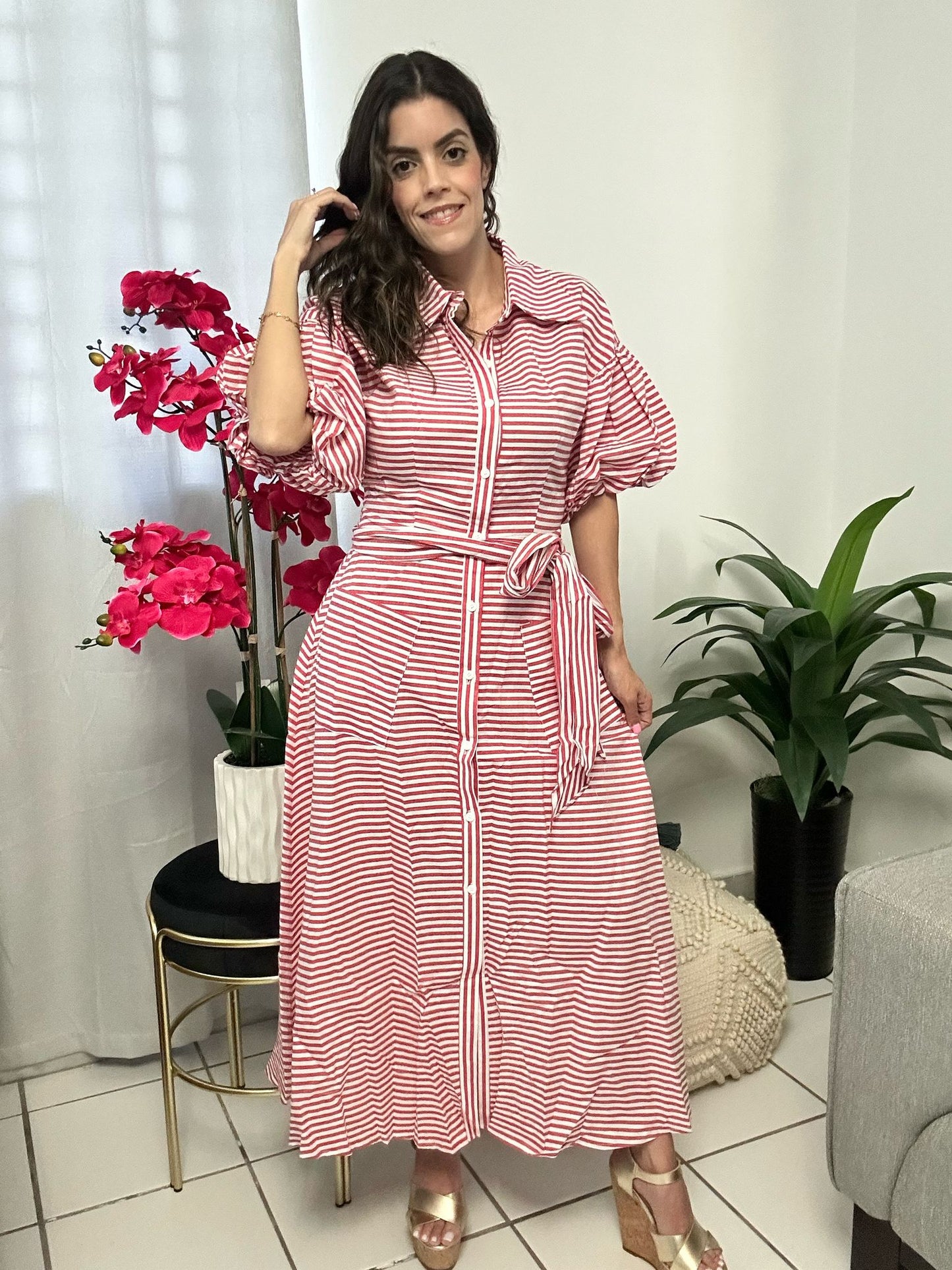 Bubble Sleeves Red Stripes Dress