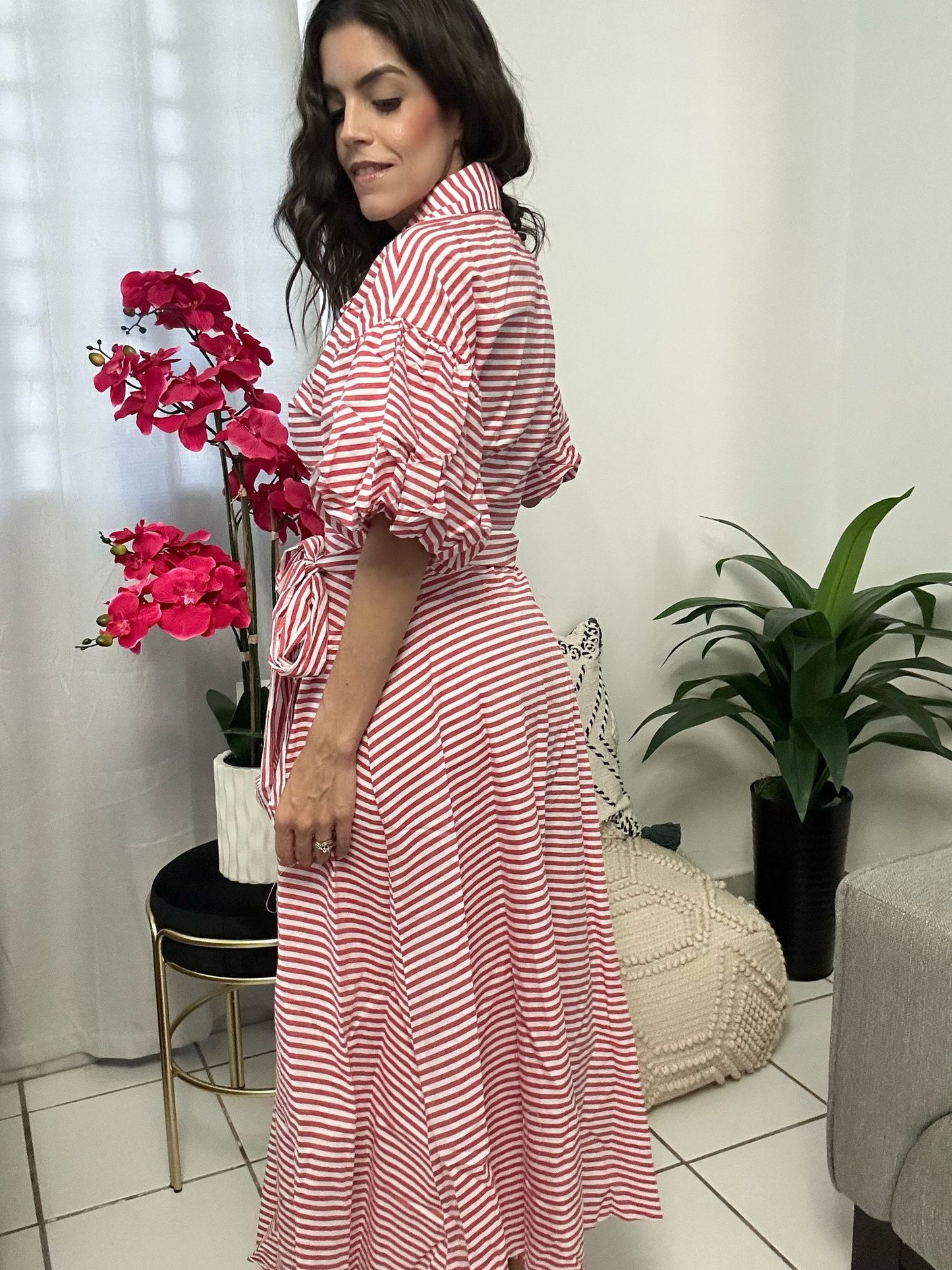 Bubble Sleeves Red Stripes Dress