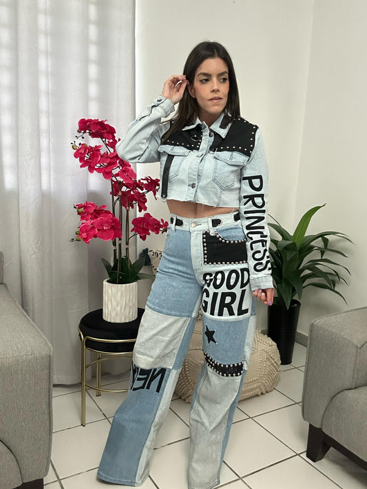 Denim Graphic Jacket & Jean Set