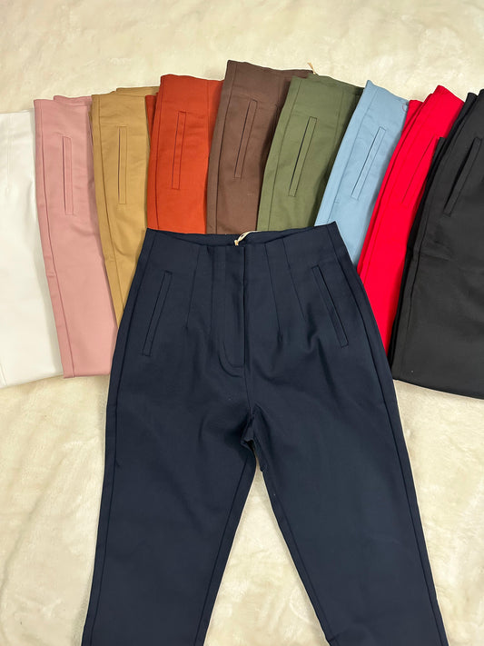 Zara-style high-waisted dark blue pants