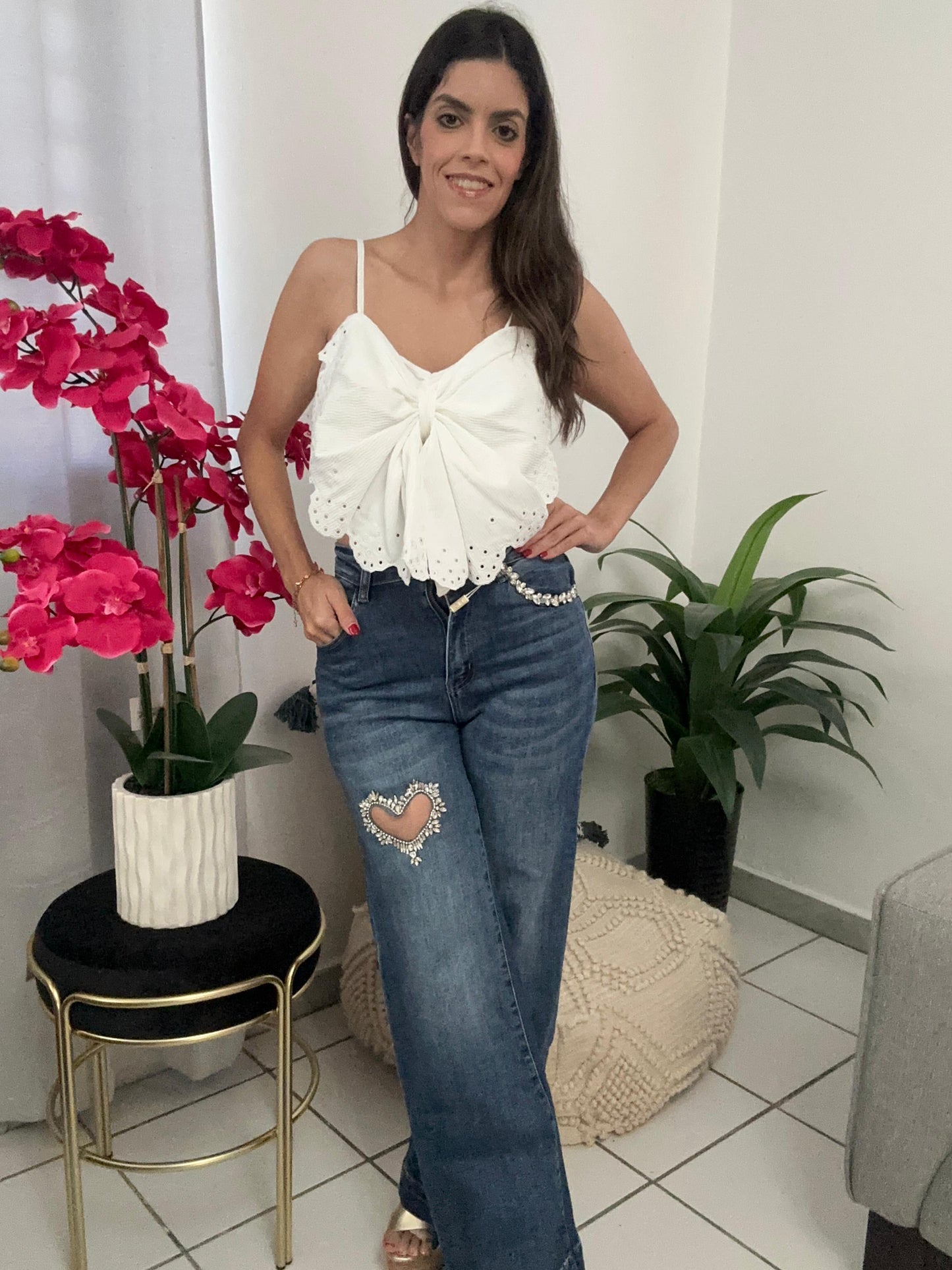 Rhinestones Heart Denim Jean